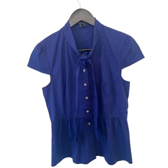 Theory Navy Cap Sleeve Bow Neckline Button Down Blouse - Picture 9 of 10
